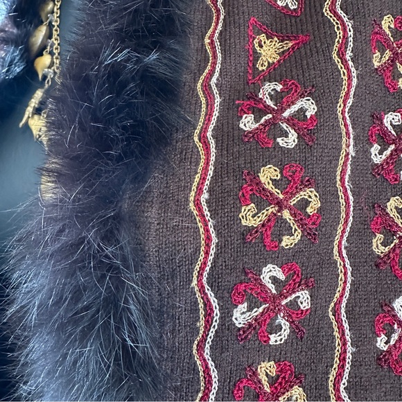 Bohemian Boho L Sweater Cardigan Shacket Merino Wool Rabbit Fut Brown Red Gold - Picture 13 of 16